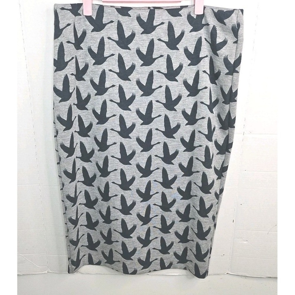 Women's H&M Sz Large Gray Straight Pencil Skirt‎ Navy Geese Bird All-over Print